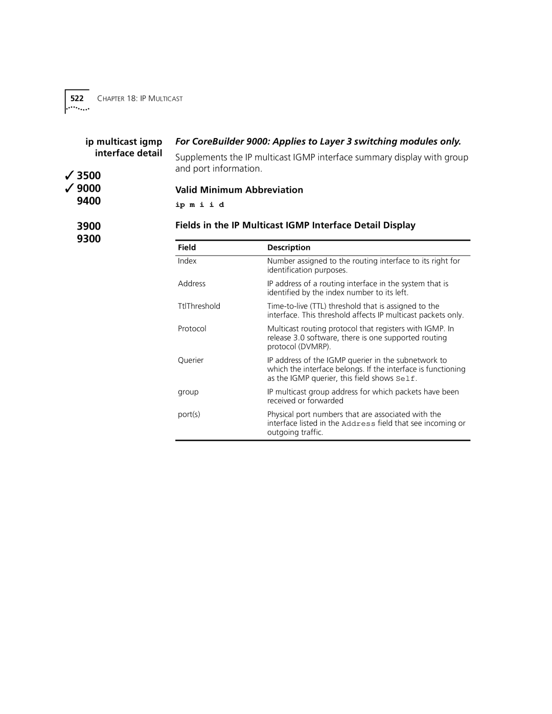 3Com 3500 manual Interface detail, Port information, Fields in the IP Multicast Igmp Interface Detail Display 