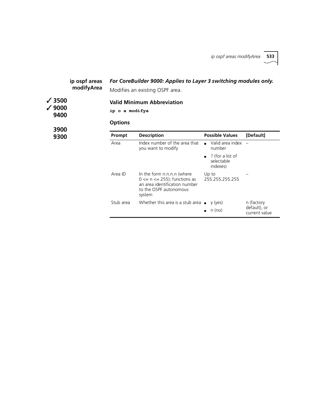 3Com 3500 manual Description Possible Values Default 