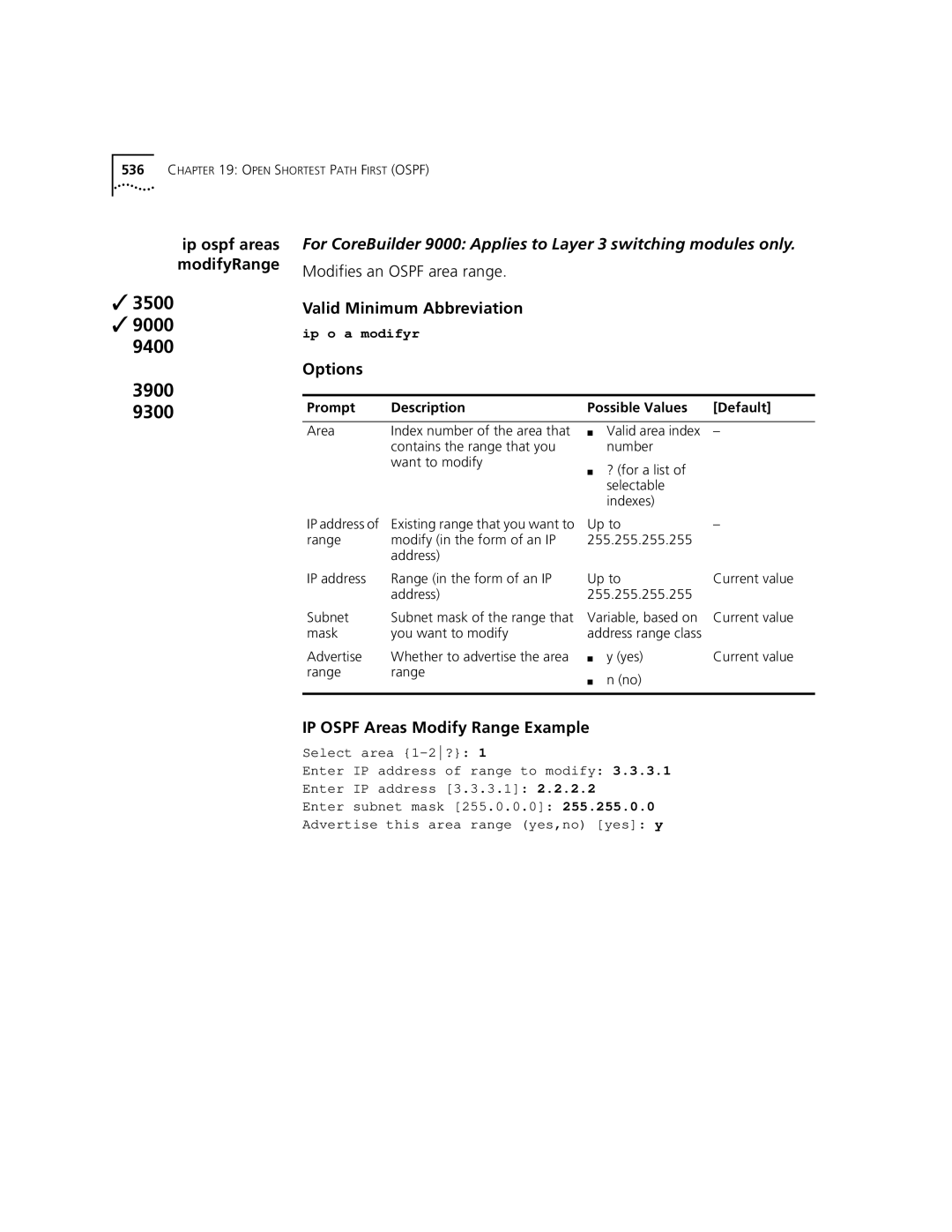 3Com 3500 manual IP Ospf Areas Modify Range Example, Variable, based on Current value Mask You want to modify 