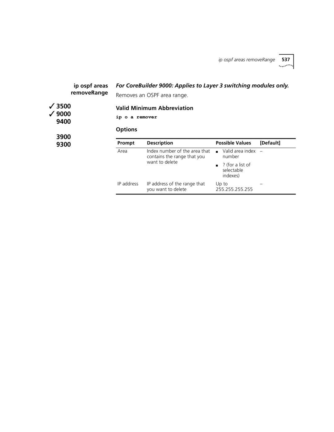 3Com 3500 manual Ip ospf areas removeRange 