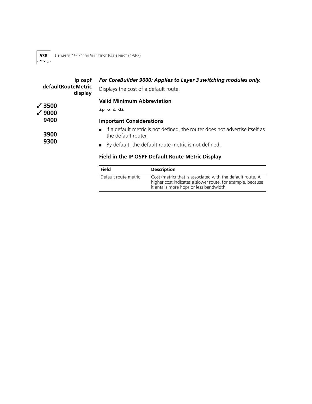 3Com 3500 Default router, By default, the default route metric is not defined, It entails more hops or less bandwidth 