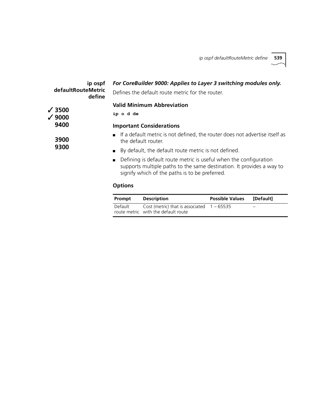 3Com 3500 manual Defines the default route metric for the router, Route metric With the default route 