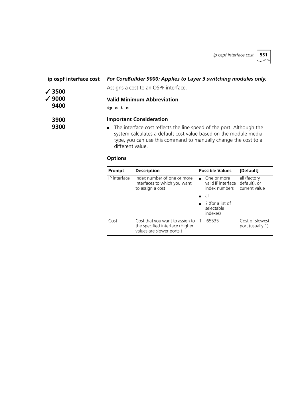 3Com 3500 manual Assigns a cost to an Ospf interface 