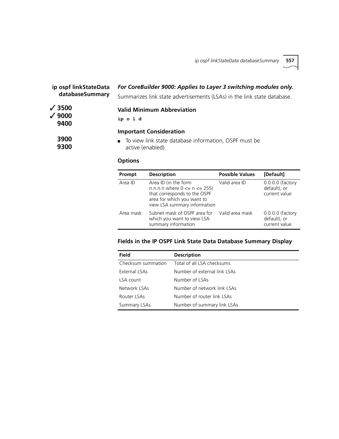 3Com 3500 manual Ip ospf linkStateData databaseSummary 