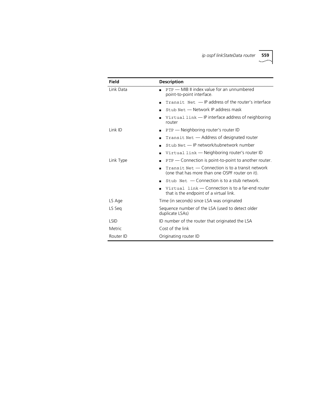 3Com 3500 manual Stub Net Network IP address mask, ID number of the router that originated the LSA 