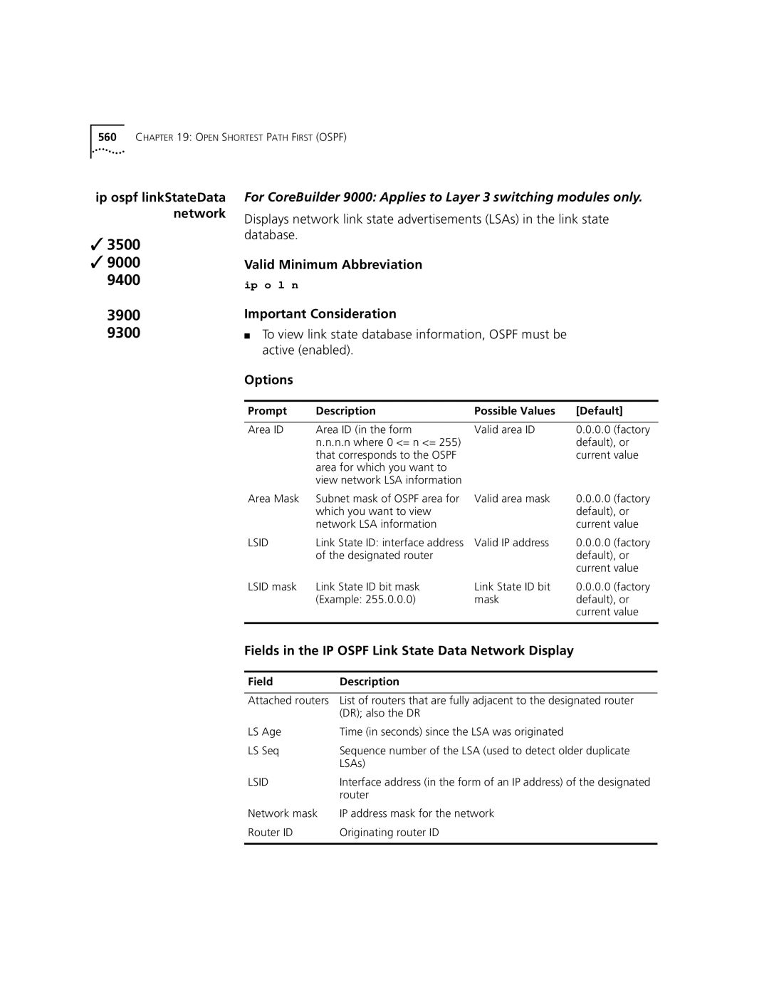 3Com 3500 manual Fields in the IP Ospf Link State Data Network Display 