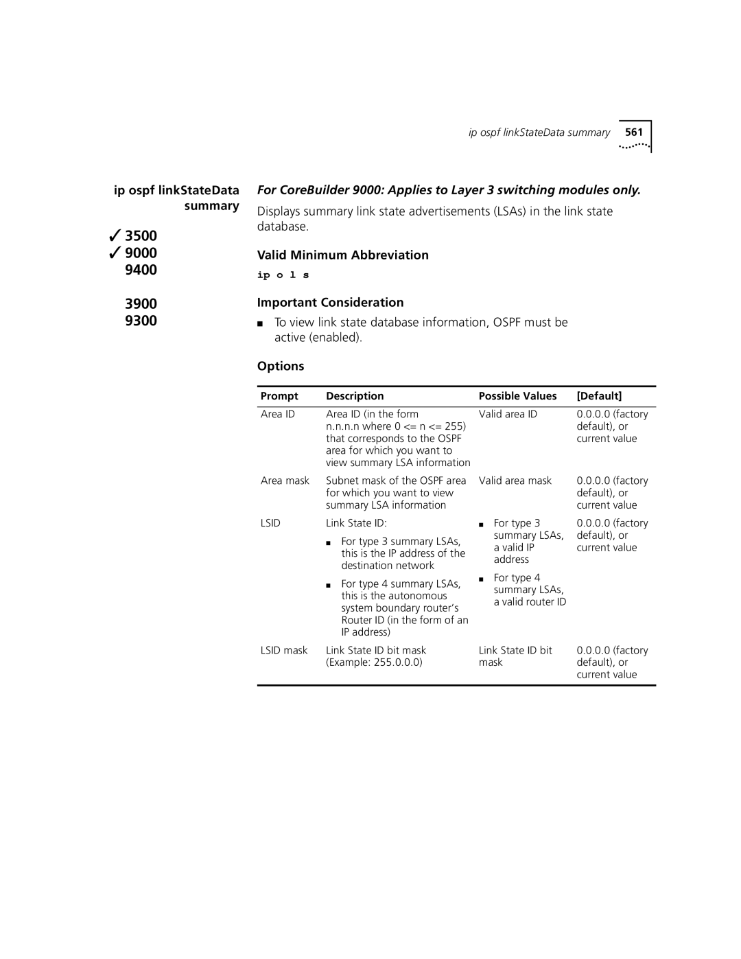 3Com 3500 manual For which you want to view, Summary LSA information, Link State ID, For type 3 summary LSAs 