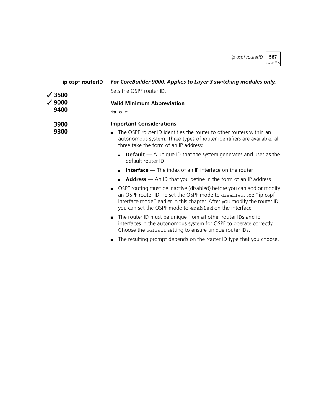 3Com 3500 manual Sets the Ospf router ID, Important Considerations 