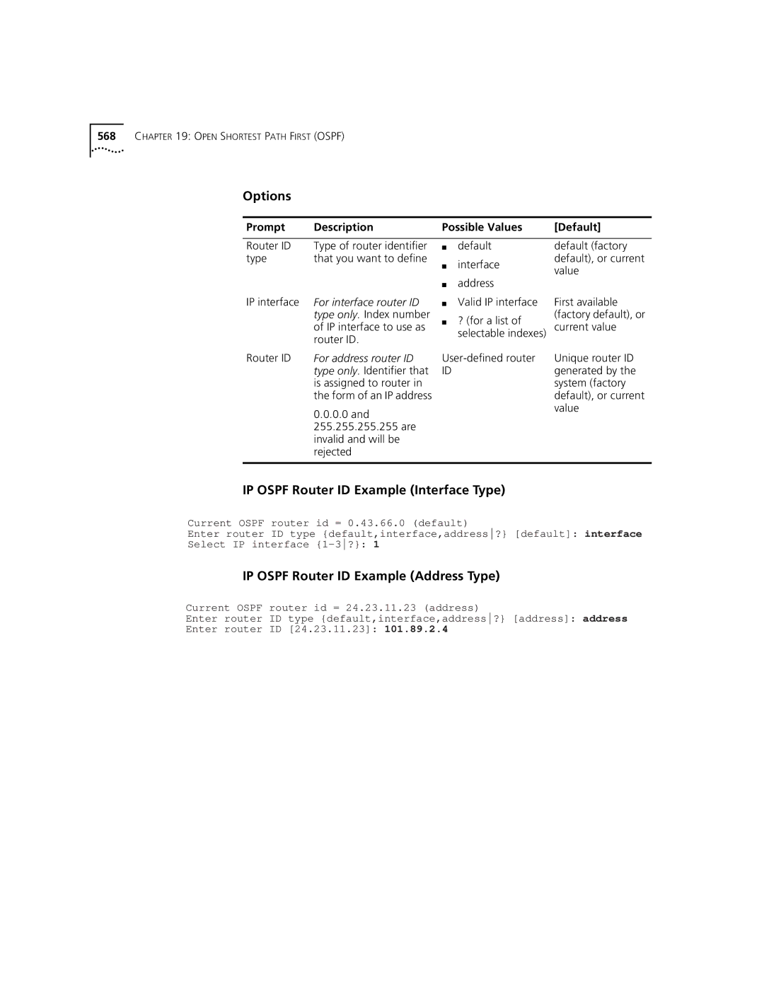 3Com 3500 manual IP Ospf Router ID Example Interface Type, IP Ospf Router ID Example Address Type 