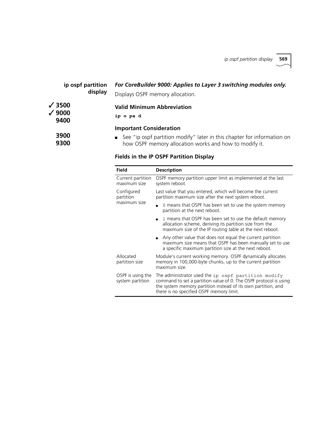 3Com 3500 manual Partition at the next reboot, Means that Ospf has been set to use the default memory, Allocated 