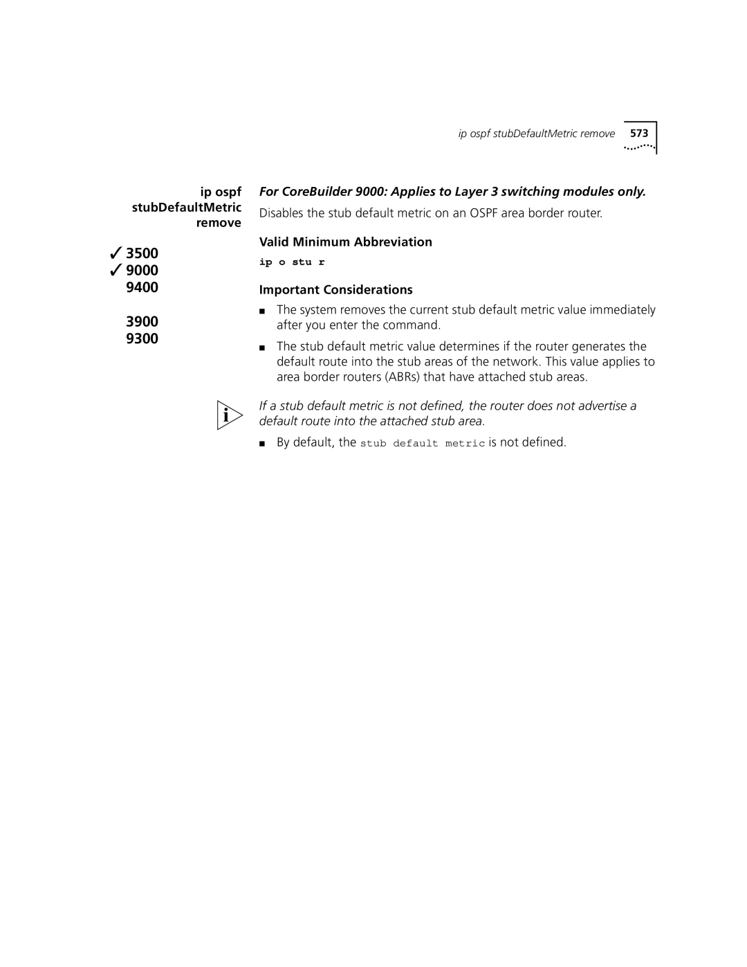 3Com 3500 manual Ip ospf stubDefaultMetric remove 