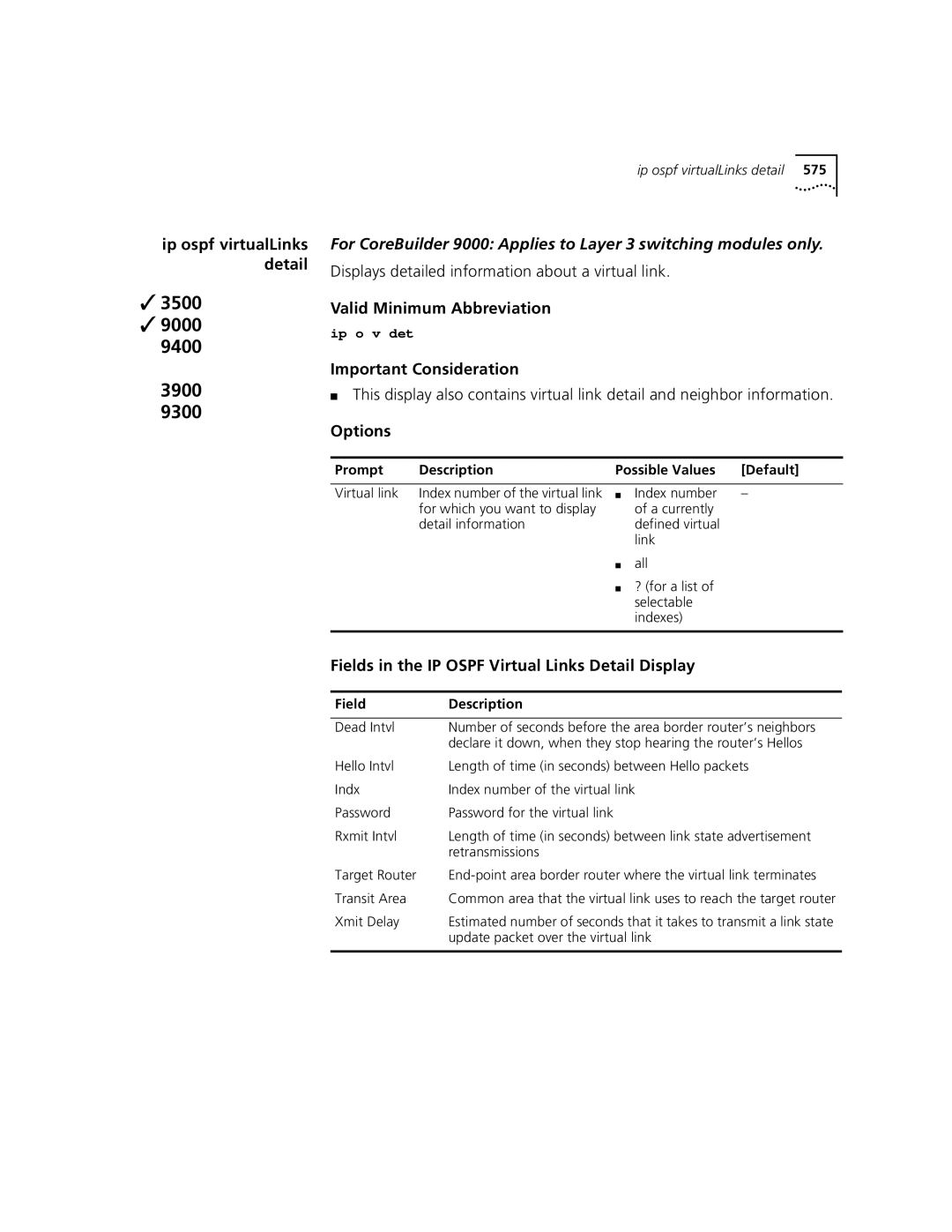 3Com 3500 manual Displays detailed information about a virtual link, Fields in the IP Ospf Virtual Links Detail Display 