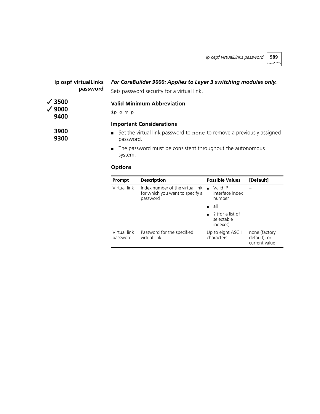 3Com 3500 manual Password Sets password security for a virtual link, Important Considerations 