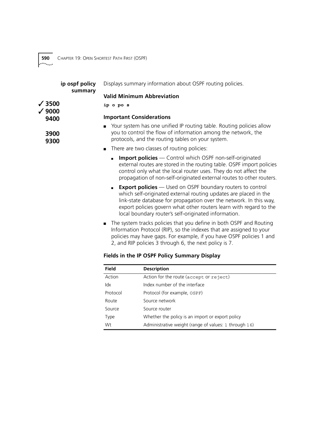 3Com 3500 manual Fields in the IP Ospf Policy Summary Display, Field Description 