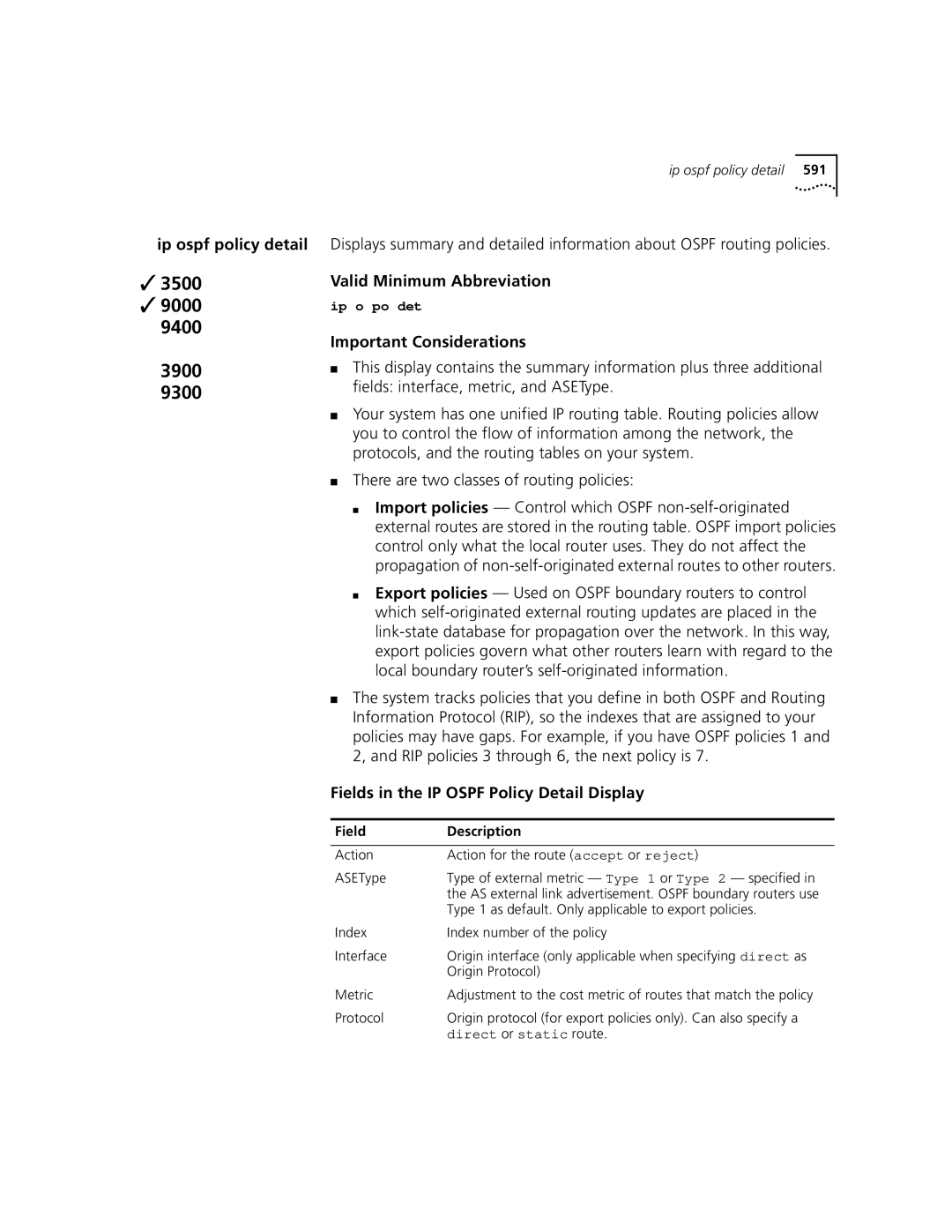 3Com 3500 manual Ip ospf policy detail, Fields in the IP Ospf Policy Detail Display 