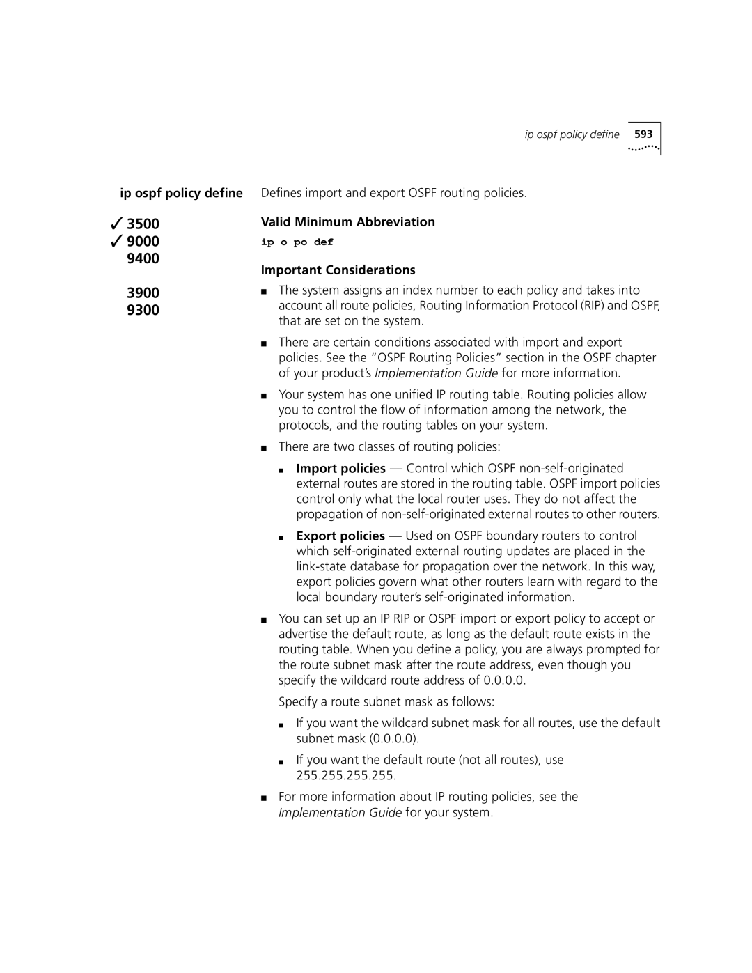 3Com 3500 manual Ip ospf policy define, Defines import and export Ospf routing policies 