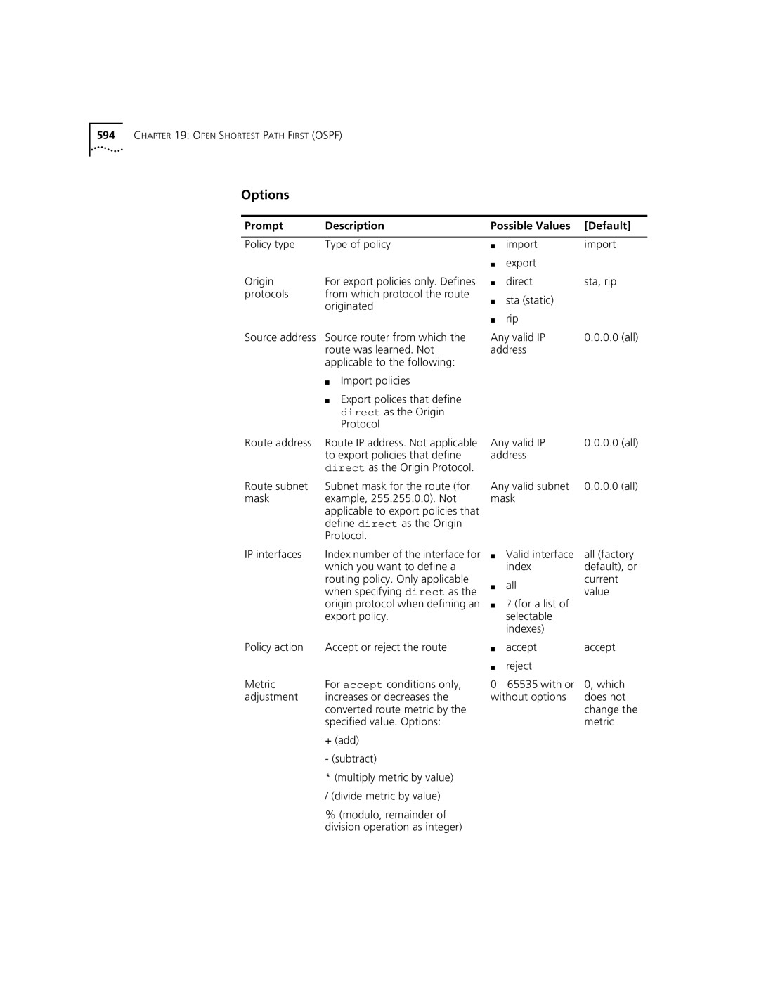 3Com 3500 Policy type Type of policy Origin, Protocols From which protocol the route Originated Import, Export Direct 