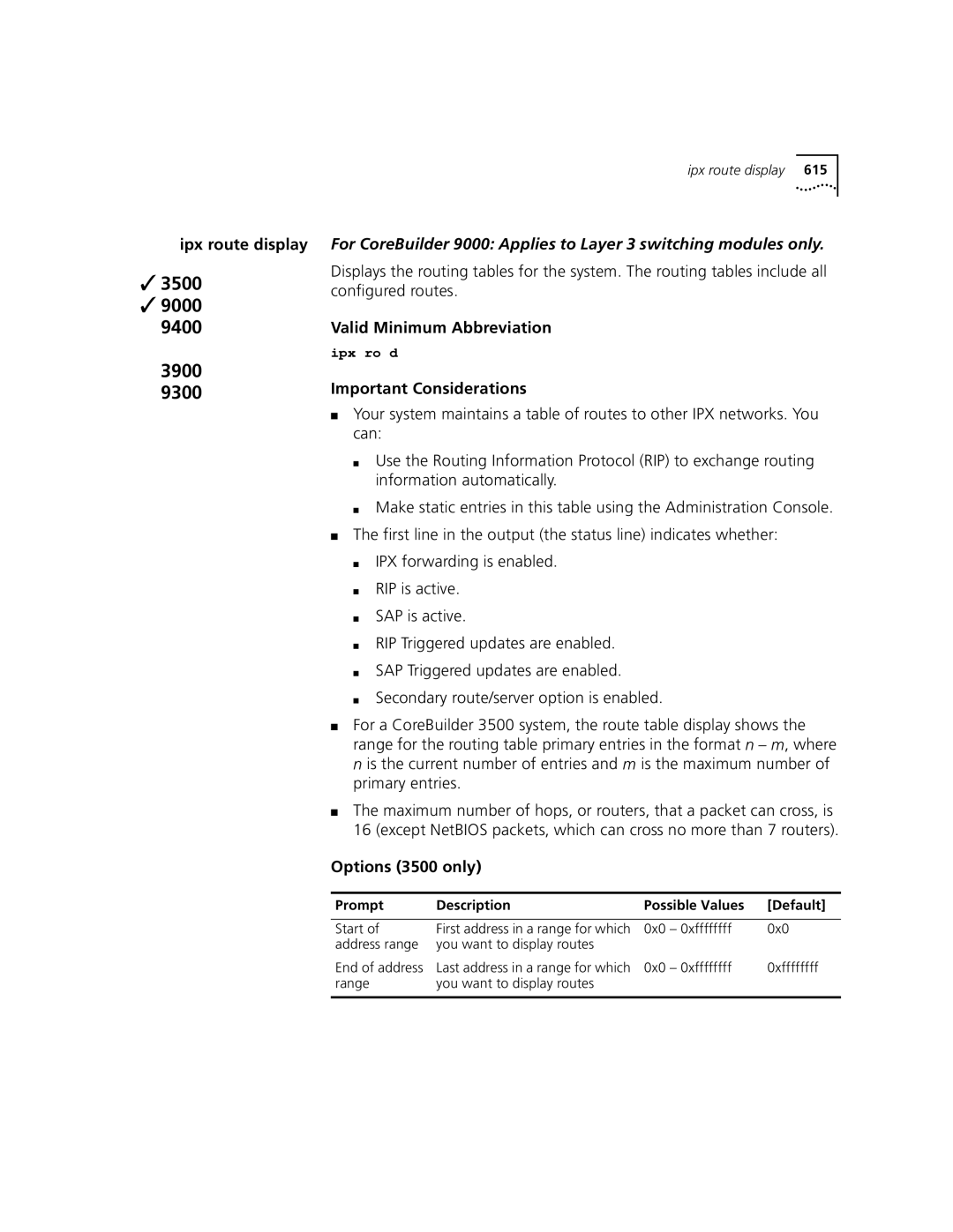 3Com 3500 manual Ipx route display, Start, 0x0 0xffffffff Range You want to display routes 