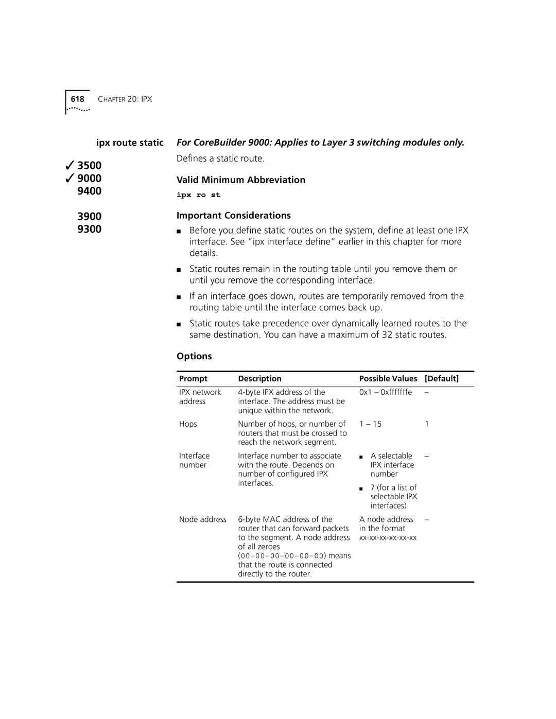 3Com 3500 manual Ipx route static, Node address in the format 