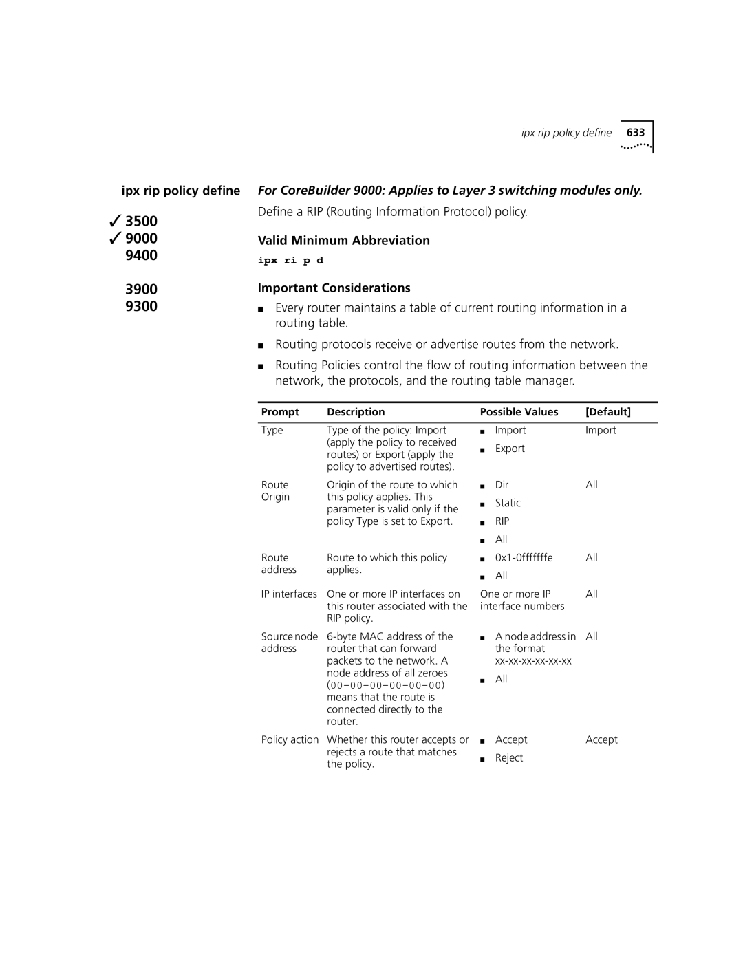 3Com 3500 manual Ipx rip policy define, Define a RIP Routing Information Protocol policy 