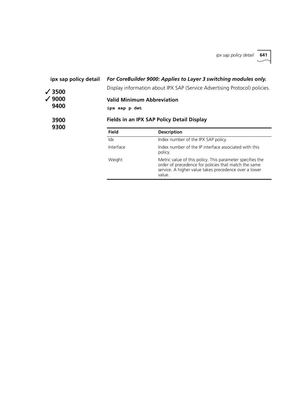 3Com 3500 manual Fields in an IPX SAP Policy Detail Display 