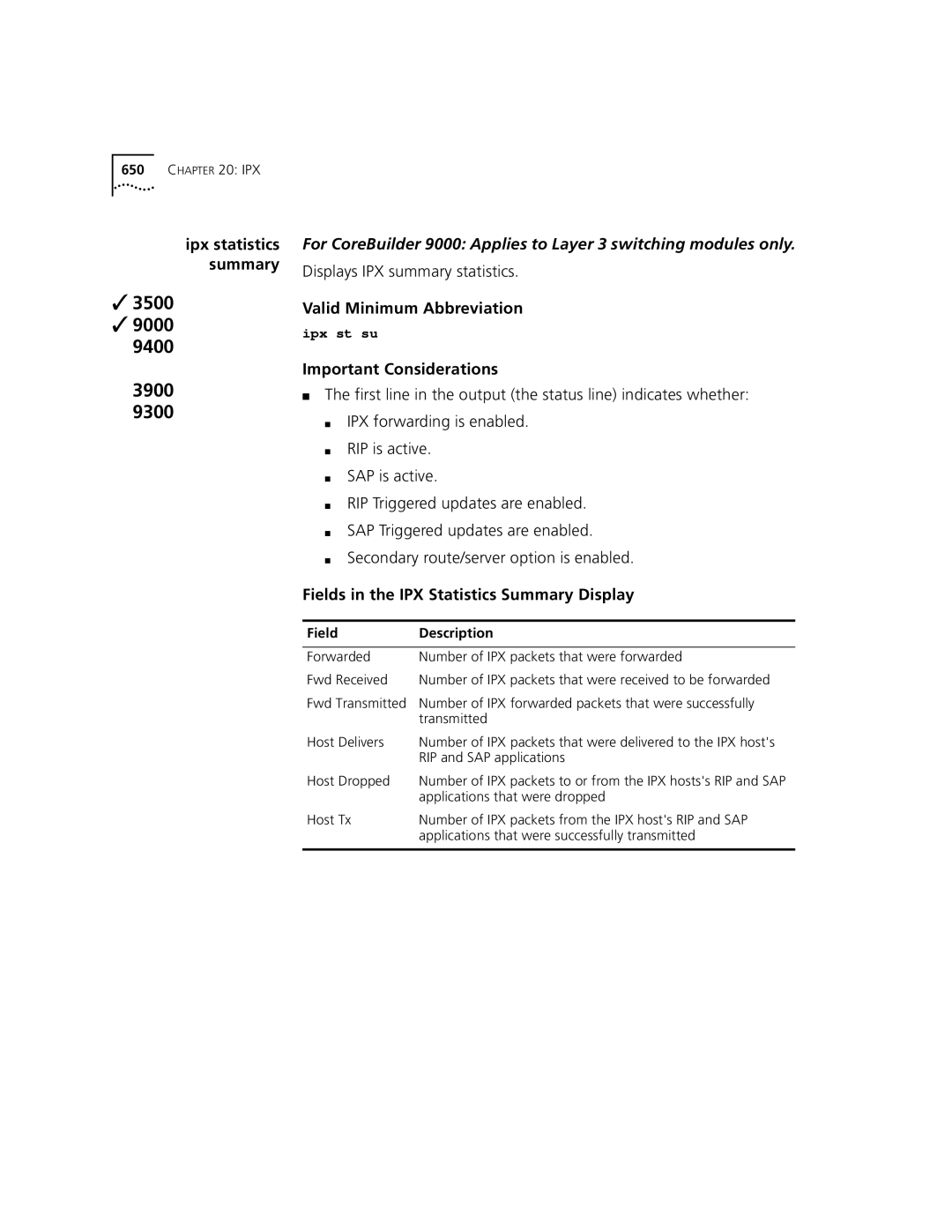 3Com 3500 Displays IPX summary statistics, Fields in the IPX Statistics Summary Display, Applications that were dropped 