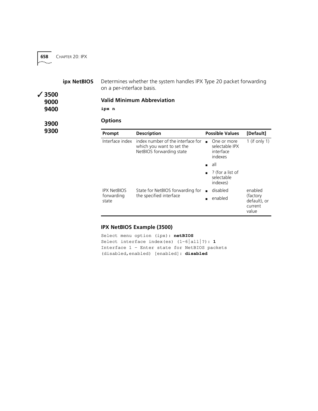 3Com 3500 manual Valid Minimum Abbreviation ipx n Options, IPX NetBIOS Example 