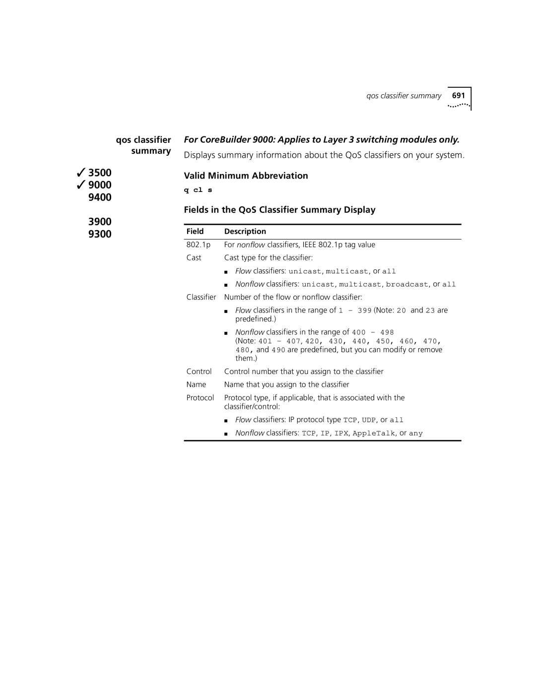 3Com 3500 manual Fields in the QoS Classifier Summary Display 