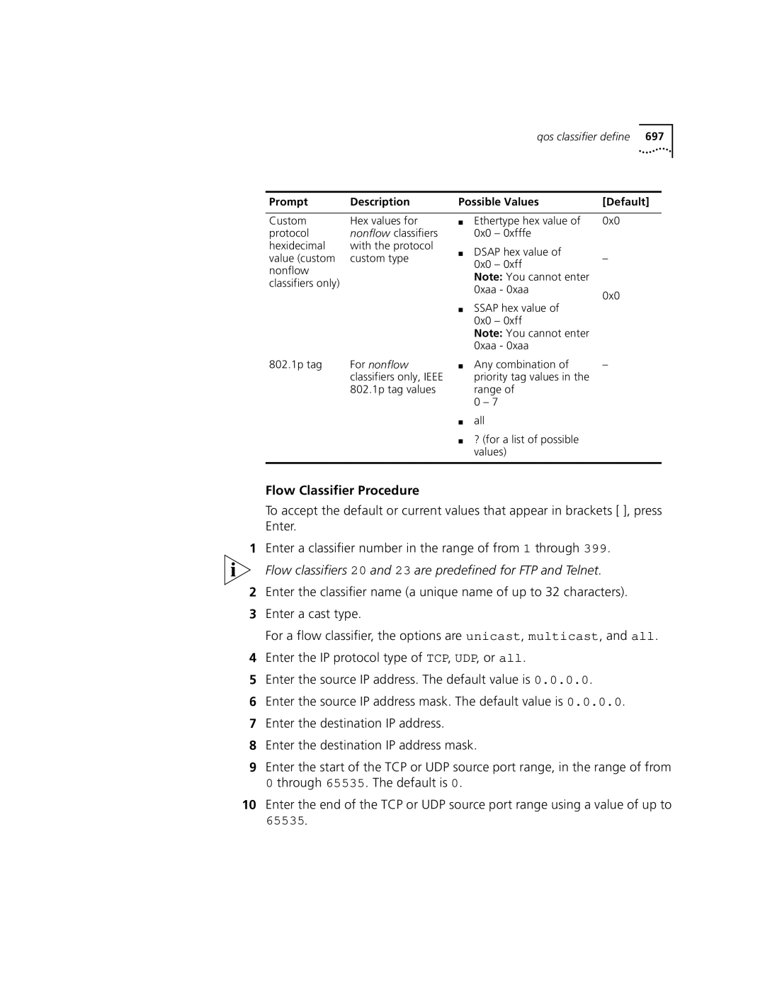 3Com 3500 manual Flow Classifier Procedure, Custom Hex values for Protocol 