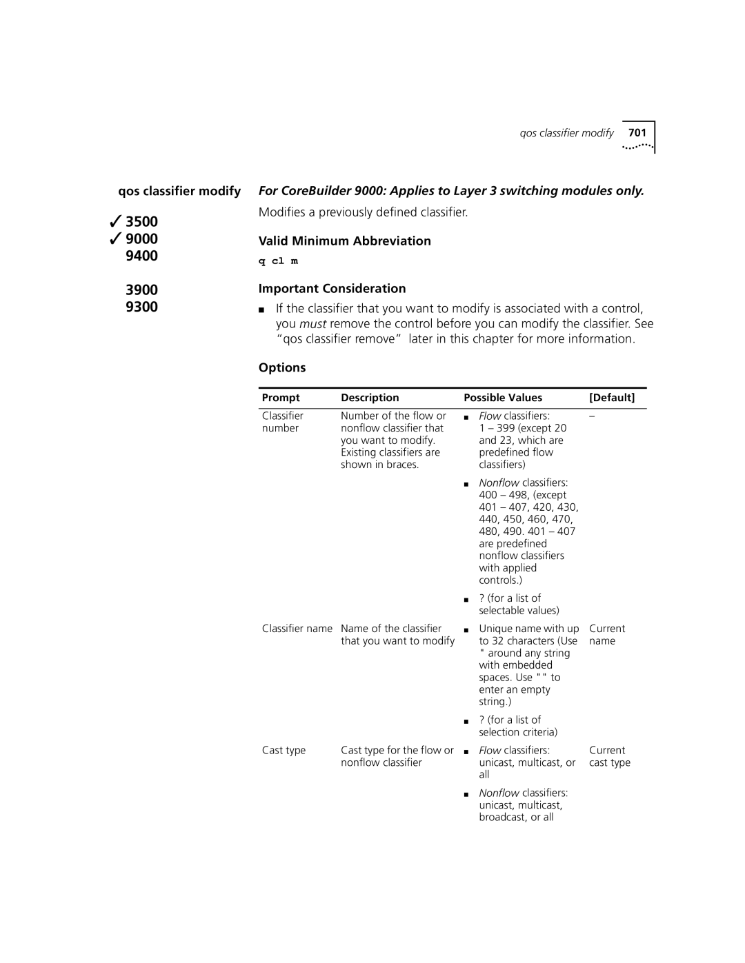 3Com 3500 manual Qos classifier modify, Modifies a previously defined classifier 