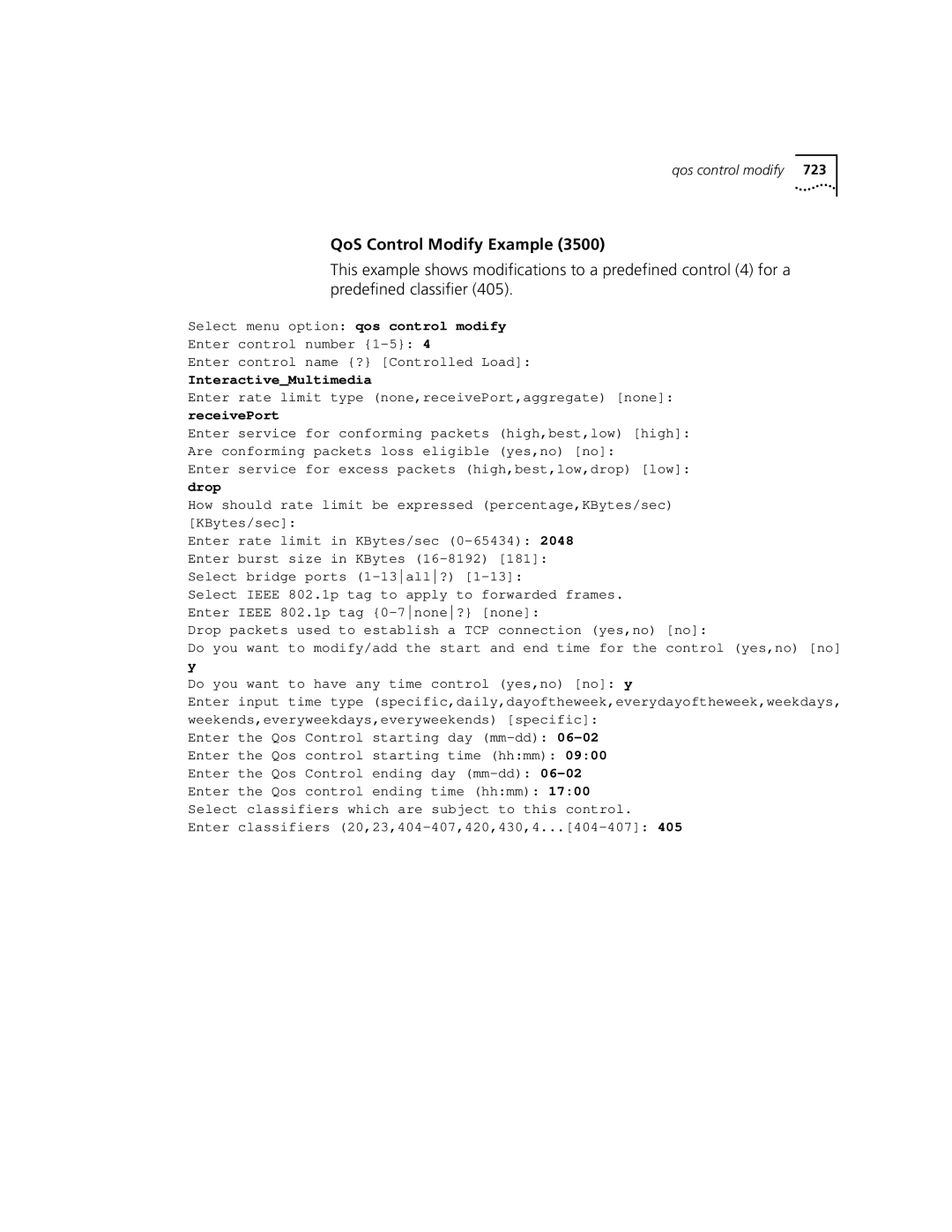 3Com 3500 manual QoS Control Modify Example, ReceivePort 