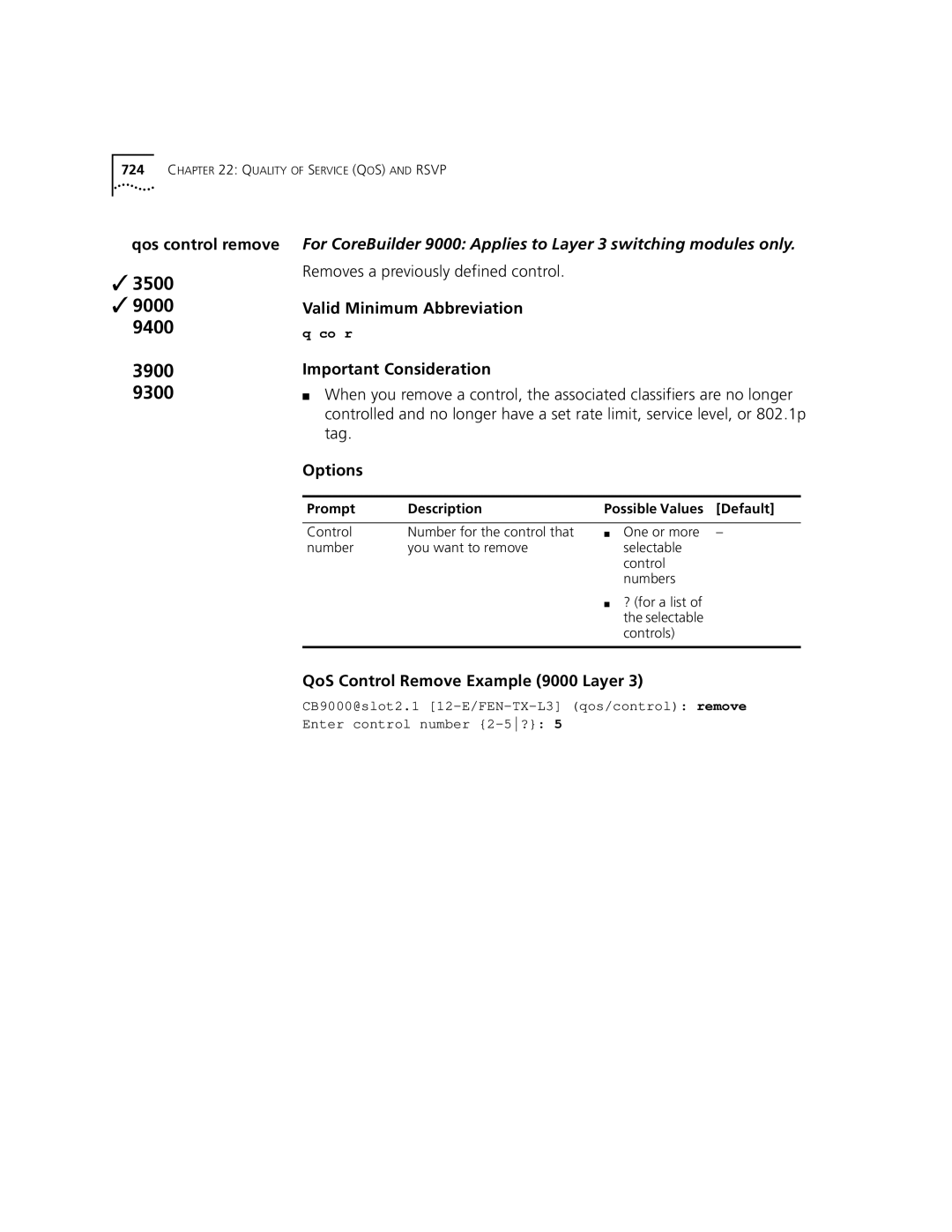 3Com 3500 manual Removes a previously defined control, QoS Control Remove Example 9000 Layer 