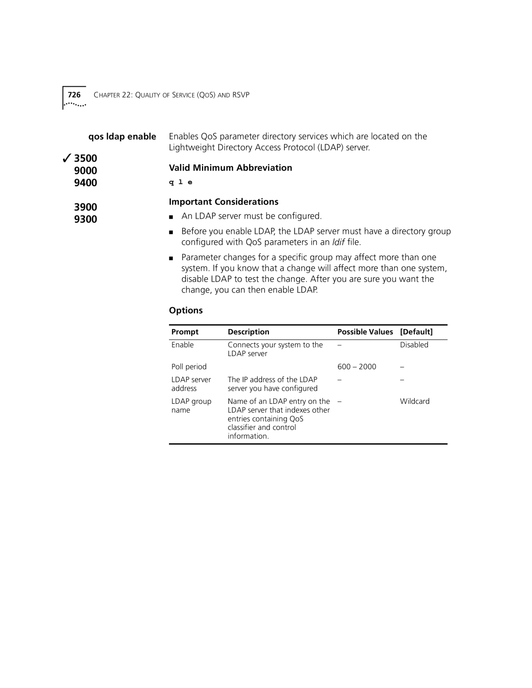 3Com 3500 manual Qos ldap enable, Valid Minimum Abbreviation Important Considerations 