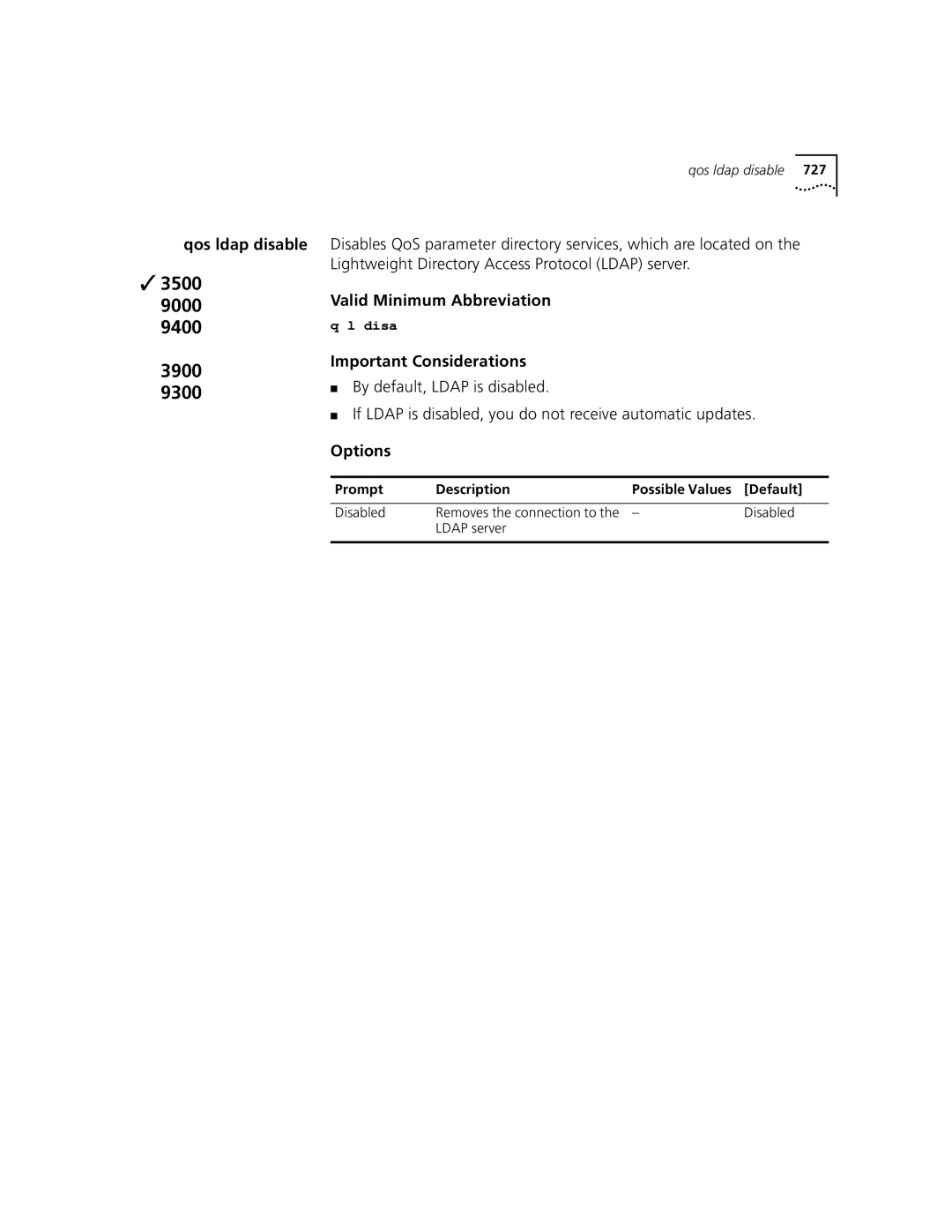 3Com 3500 manual Qos ldap disable, Disabled Removes the connection to Ldap server 