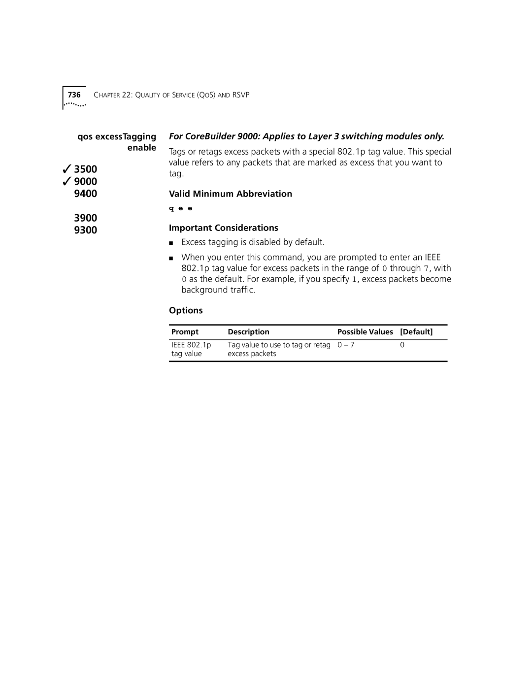 3Com 3500 manual Qos excessTagging enable, Ieee 802.1p Tag value to use to tag or retag Excess packets 