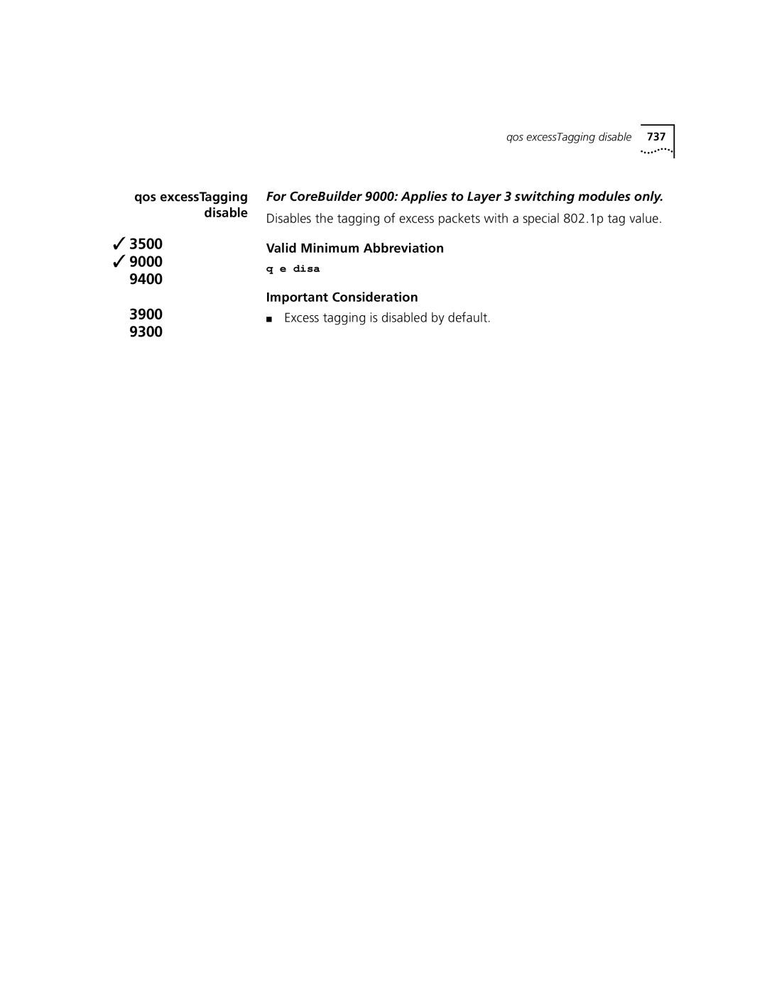 3Com 3500 manual Qos excessTagging disable 