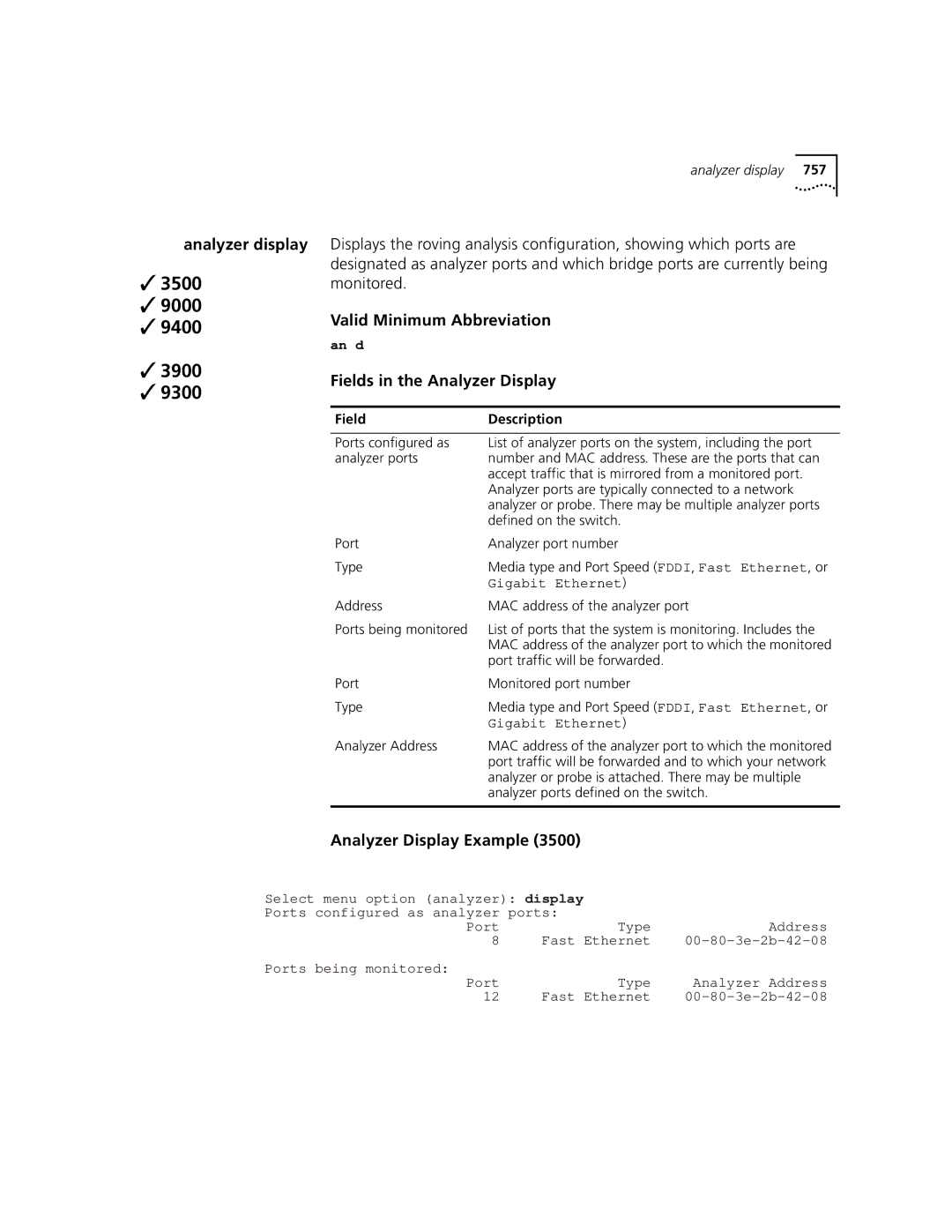 3Com 3500 manual Analyzer display, Fields in the Analyzer Display, Analyzer Display Example 