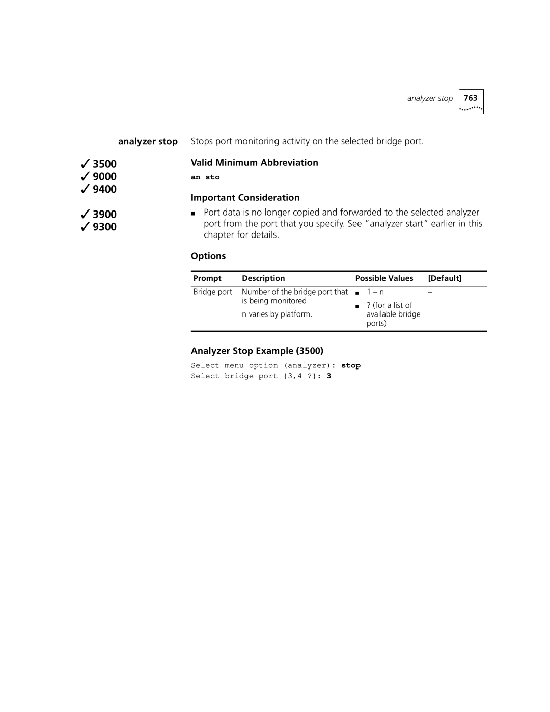 3Com 3500 manual Analyzer stop, Stops port monitoring activity on the selected bridge port, Analyzer Stop Example 
