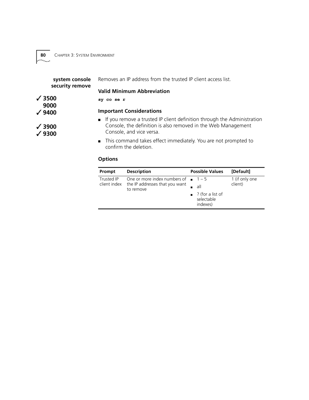 3Com 3500 manual Trusted IP, Client index, To remove, All Client ? for a list of selectable indexes 