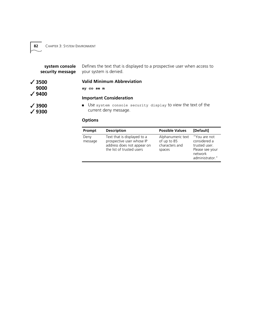 3Com 3500 manual Current deny message, Network 