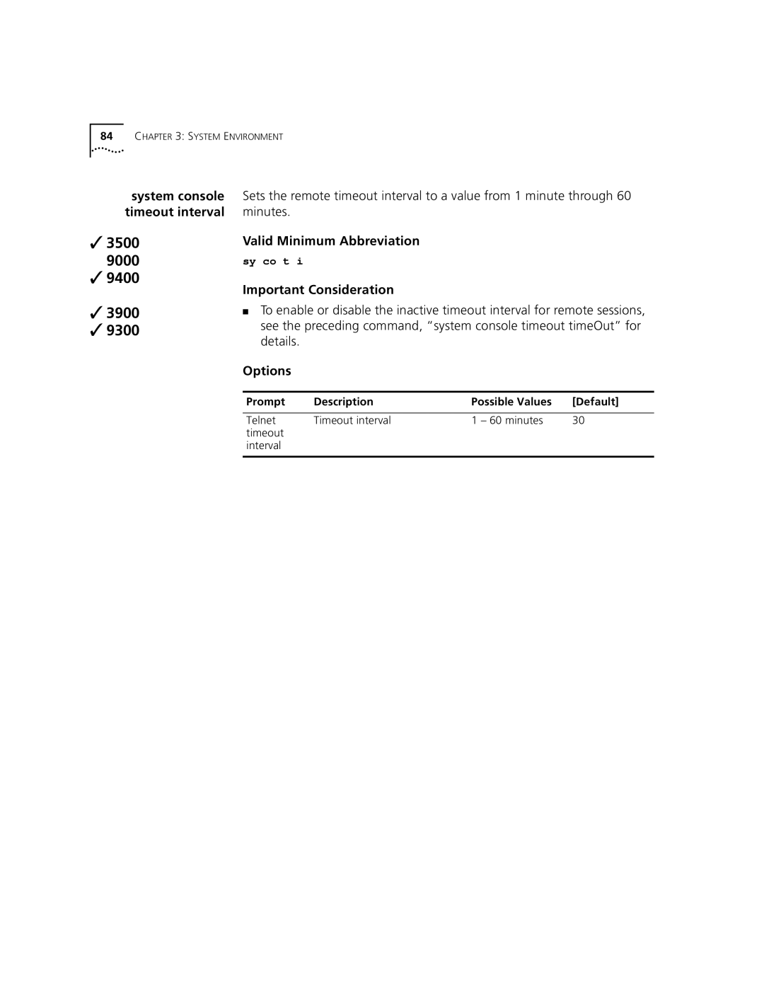 3Com 3500 manual Telnet Timeout interval Minutes Interval 