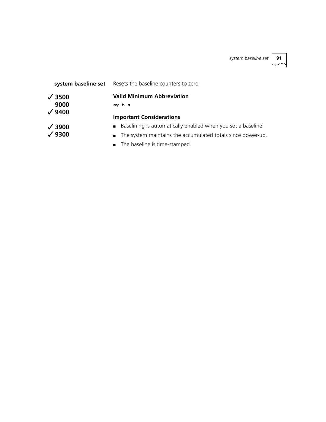 3Com 3500 manual System baseline set, Resets the baseline counters to zero 