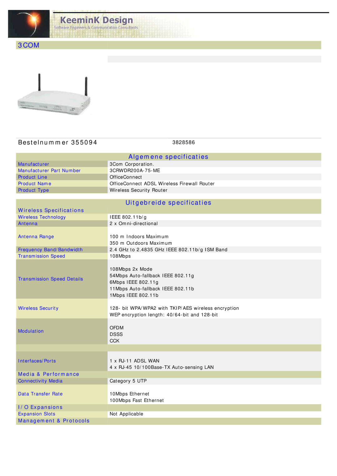 3Com 355094 specifications Algemene specificaties, Uitgebreide specificaties 