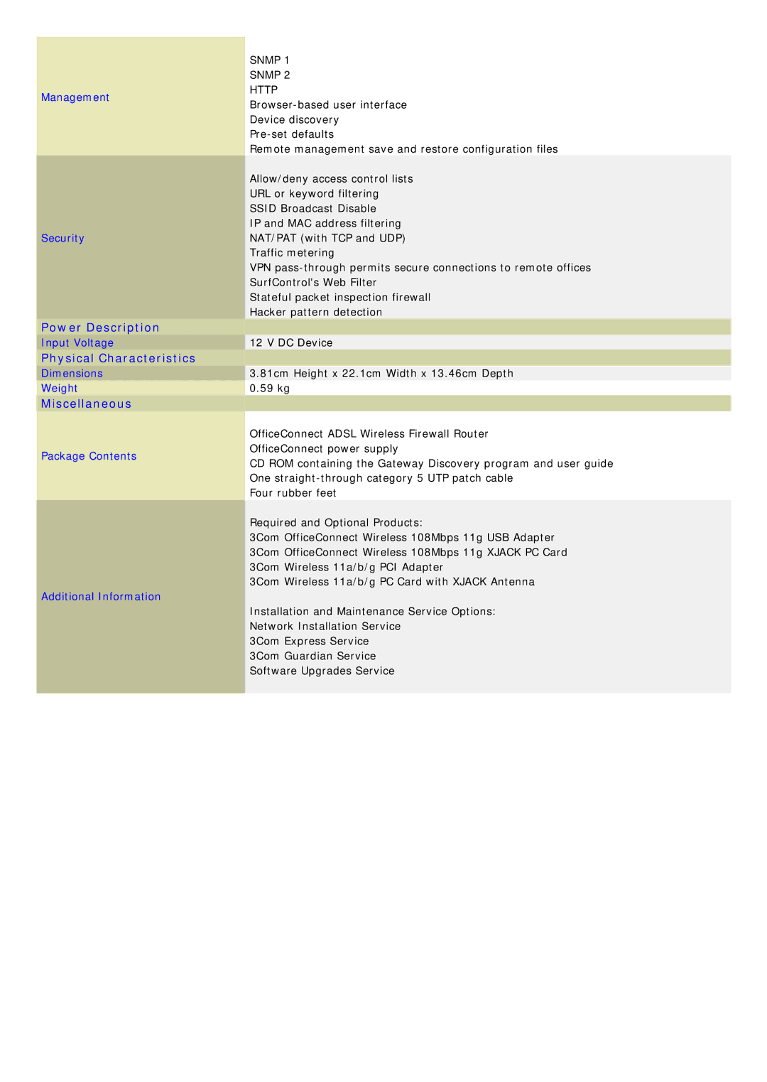 3Com 355094 specifications Power Description, Physical Characteristics, Miscellaneous 