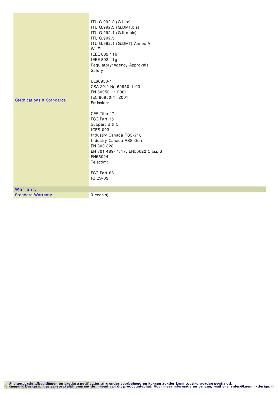 3Com 355094 specifications Certifications & Standards, Standard Warranty 