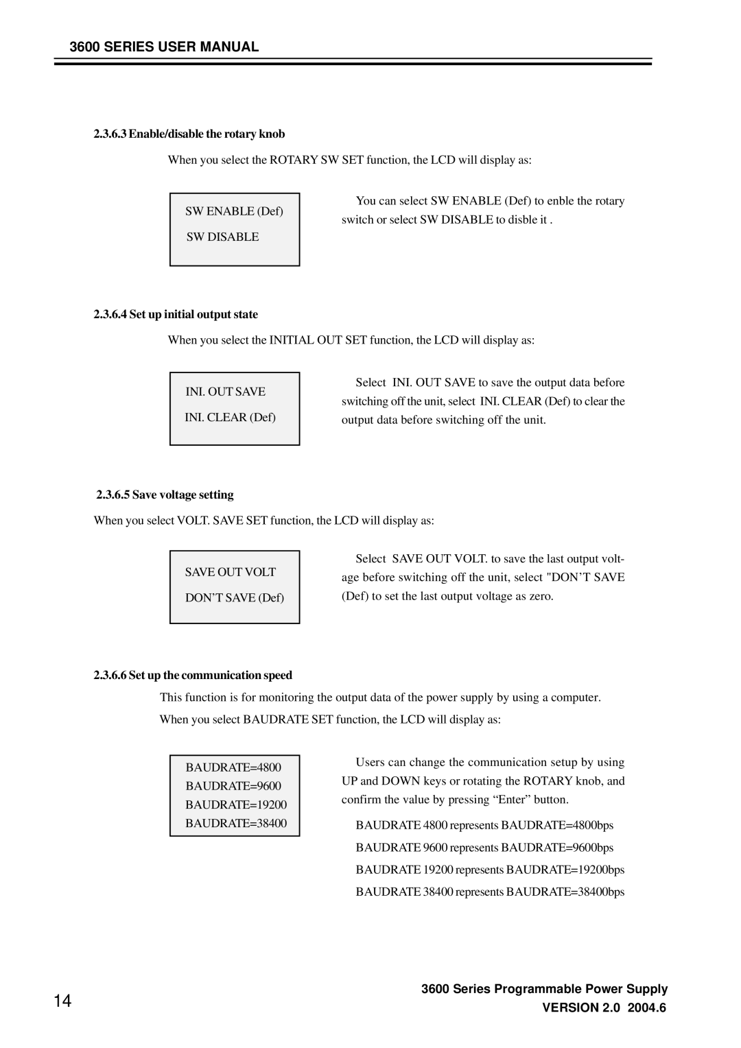 3Com 3644A, 3646A, 3645A manual Enable/disable the rotary knob, Set up initial output state, Save voltage setting 