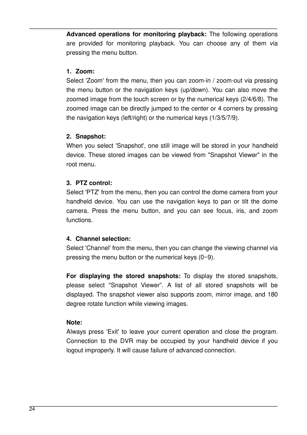 3Com 3.7.8, 3.7.7 user manual Snapshot, PTZ control, Channel selection 