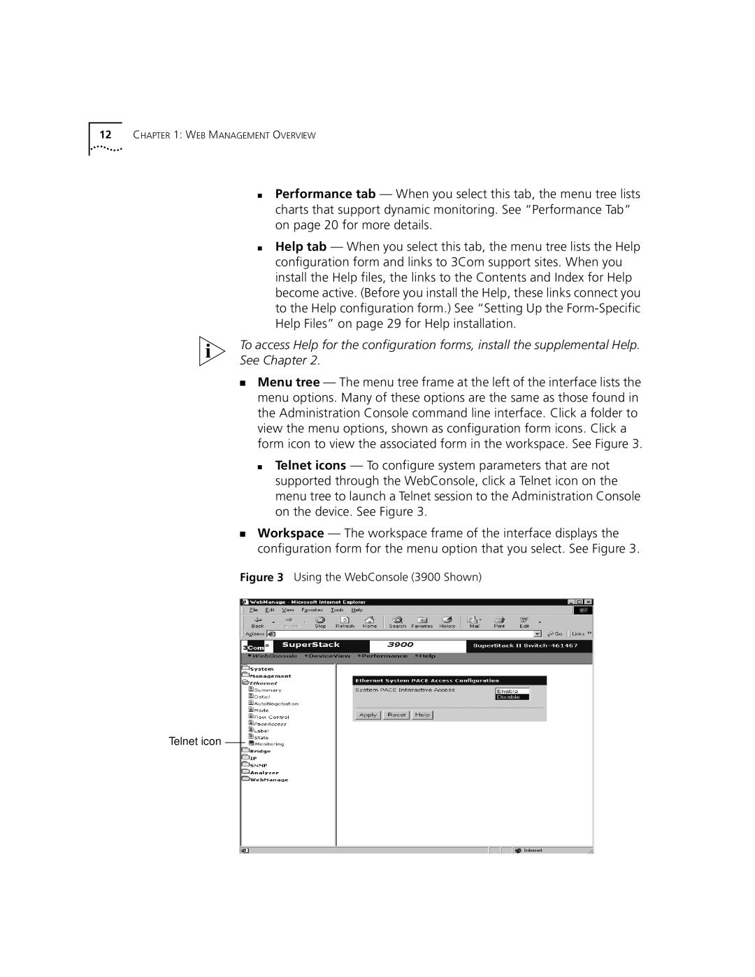 3Com manual Using the WebConsole 3900 Shown Telnet icon 