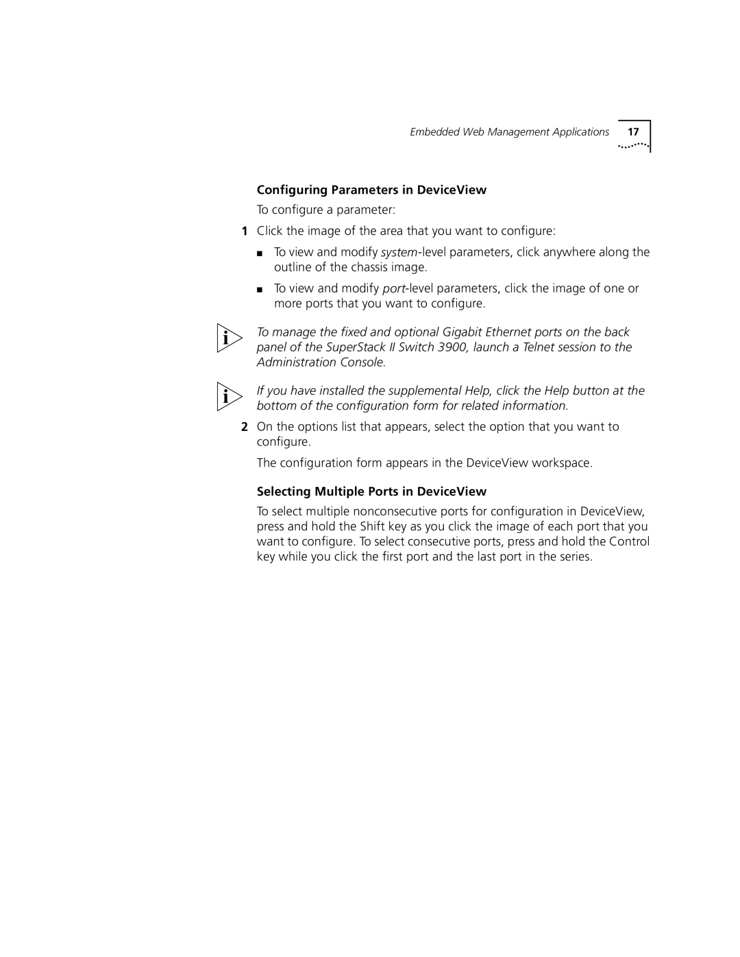 3Com 3900 manual Configuring Parameters in DeviceView, Selecting Multiple Ports in DeviceView 