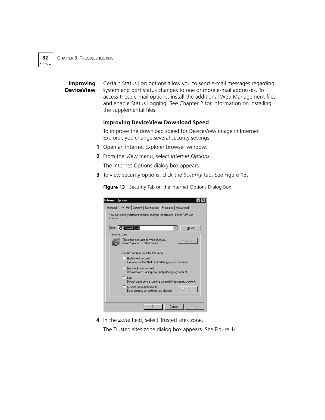 3Com 3900 manual Improving DeviceView Download Speed, Security Tab on the Internet Options Dialog Box 